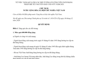 Quyết định 07/QĐ-CTN 2021 tặng quà cho đối tượng có công với cách mạng dịp Tết Tân Sửu
