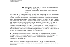 Official Dispatch 425/CV-BCD 2021 handover and management after completion of centralized quarantine