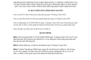 Quyết định 05/2021/QĐ-UBND bãi bỏ Quyết định 29/2012/QĐ-UBND tỉnh Thái Nguyên