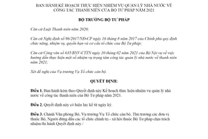 Quyết định 271/QĐ-BTP 2021 Kế hoạch thực hiện nhiệm vụ quản lý về công tác thanh niên