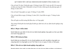Quyết định 10/2021/QĐ-TTg tiêu chí xác định doanh nghiệp công nghệ cao