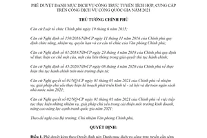 Quyết định 406/QĐ-TTg 2021 Danh mục dịch vụ công trực tuyến tích hợp trên Cổng Dịch vụ công Quốc gia