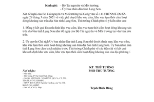 Công văn 422/TTg-CN 2021 phê duyệt khu vực cấm hoạt động khoáng sản tỉnh Lạng Sơn