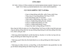 Công điện 1750/CĐ-CHK 2021 tăng cường giám sát hành khách đeo khẩu trang tại Cảng hàng không