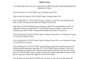 Thông báo 4433/TB-SXD-VLXD 2021 công bố vật liệu xây dựng Thành phố Hồ Chí Minh quý I