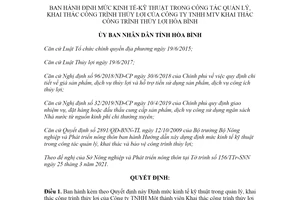 Quyết định 849/QĐ-UBND 2021 Định mức kinh tế kỹ thuật của Công ty Khai thác thủy lợi Hòa Bình