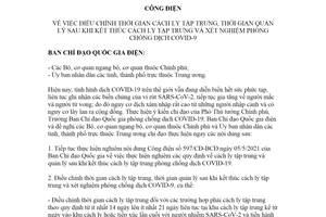 Công điện 600/CĐ-BCĐ 2021 điều chỉnh thời gian cách ly tập trung sau cách ly tập trung