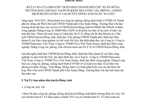 Thông báo 260/TB-VP 2021 kết luận phòng chống dịch bệnh Covid 19 tại huyện Đông Anh Hà Nội