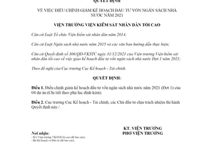 Quyết định 41/QĐ-VKSTC 2021 điều chỉnh giảm kế hoạch đầu tư vốn ngân sách nhà nước