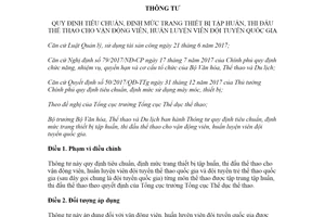 Thông tư 05/2021/TT-BVHTTDL trang thiết bị tập huấn cho huấn luyện viên đội tuyển quốc gia