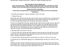 Quy chuẩn kỹ thuật quốc gia QCVN 01-190:2020/BNNPTNT/SĐ1:2021 về Thức ăn chăn nuôi - Hàm lượng tối đa cho phép các chỉ tiêu an toàn trong thức ăn chăn nuôi và nguyên liệu sản xuất thức ăn thủy sản - Sửa đổi 1:2021