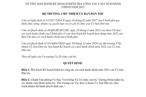 Quyết định 505/QĐ-UBDT 2021 Kế hoạch kiểm tra công tác cải cách hành chính