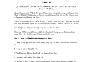 Thông tư 06/2021/TT-BVHTTDL tiêu chuẩn phong đẳng cấp vận động viên thể thao thành tích cao