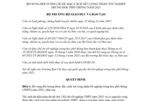 Quyết định 2507/QĐ-BGDĐT 2021 bổ sung đối tượng được đặc cách xét công nhận tốt nghiệp trung học phổ thông