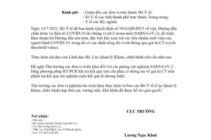Công văn 899/KCB-QLCL&CĐT 2021 ghi giá trị CT trên phiếu trả kết quả xét nghiệm SARS CoV 2