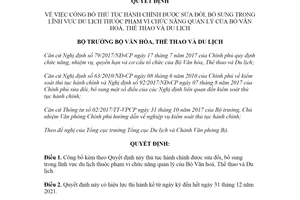 Quyết định 2225/QĐ-BVHTTDL 2021 công bố thủ tục hành chính lĩnh vực du lịch