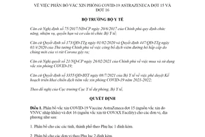 Quyết định 3600/QĐ-BYT 2021 phân bổ vắc xin phòng COVID19 AstraZenceca đợt 15