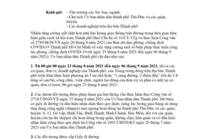 Công văn 2796/UBND-VX 2021 nhóm đối tượng được phép lưu thông trong thời gian giãn cách Hồ Chí Minh