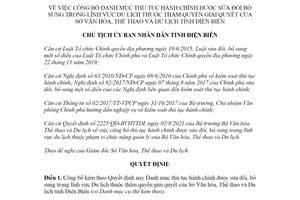 Quyết định 1484/QĐ-UBND 2021 thủ tục hành chính lĩnh vực Du lịch của Sở Văn hóa tỉnh Điện Biên