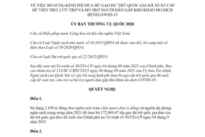 Nghị quyết 296/NQ-UBTVQH15 2021 bổ sung kinh phí mua bù gạo dự trữ quốc gia