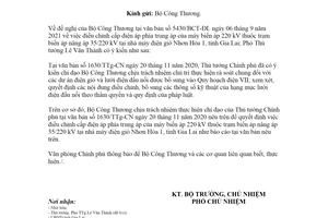 Công văn 6362/VPCP-CN 2021 điều chỉnh cấp điện áp phía trung áp của máy biến áp 220 kV