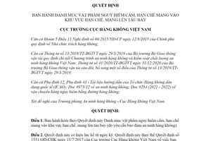 Quyết định 1541/QĐ-CHK 2021 vật phẩm nguy hiểm cấm hạn chế mang vào khu vực hạn chế