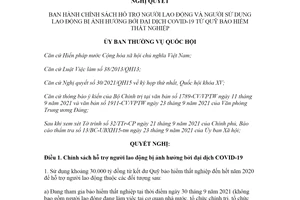 Nghị quyết 03/2021/UBTVQH15 hỗ trợ người lao động ảnh hưởng COVID19 từ Quỹ bảo hiểm thất nghiệp