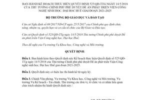 Quyết định 3031/QĐ-BGDĐT 2021 Kế hoạch thực hiện Quyết định 523/QĐ-TTg