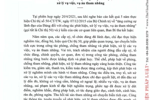 Kết luận 05-KL/TW 2021 tiếp tục thực hiện Chỉ thị 50-CT/TW xử lý vụ việc vụ án tham nhũng