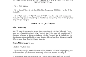 Quyết định 36-QĐ/TW 2021 quyền hạn tổ chức bộ máy của Ban Đối ngoại Trung ương