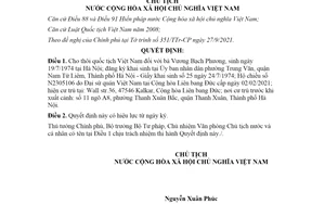 Quyết định 1873/QĐ-CTN 2021 cho thôi quốc tịch đối với bà Vương Bạch Phương