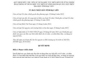 Quyết định 37/2021/QĐ-UBND mức thu tiền sử dụng khu vực biển 05 năm tỉnh Bạc Liêu