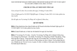 Quyết định 512A/QĐ-TANDTC 2021 kế hoạch triển khai thi hành Nghị quyết 33/2021/QH15