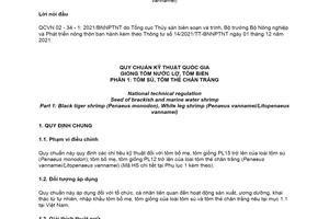 Quy chuẩn kỹ thuật quốc gia QCVN 02-34-1:2021/BNNPTNT về Giống tôm nước lợ, tôm biển - Phần 1: Tôm sú, tôm thẻ chân trắng