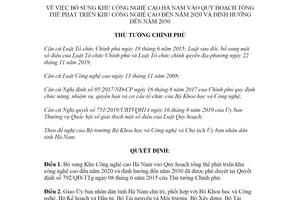 Quyết định 2098/QĐ-TTg 2021 bổ sung Khu Công nghệ cao Hà Nam vào Quy hoạch tổng thể