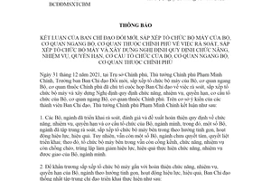 Thông báo 16/TB-BCĐĐMSXTCBM xây dựng Nghị định cơ cấu tổ chức Bộ cơ quan ngang Bộ