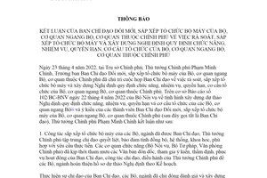 Thông báo 49/TB-BCĐĐMSXTCBM 2022 rà soát sắp xếp tổ chức bộ máy Bộ cơ quan ngang Bộ